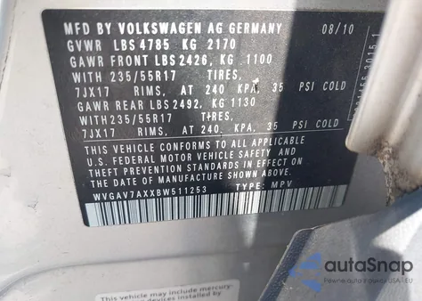 2011 Volkswagen Tiguan Se from USA, damaged, VIN WVGAV7AXXBW511253